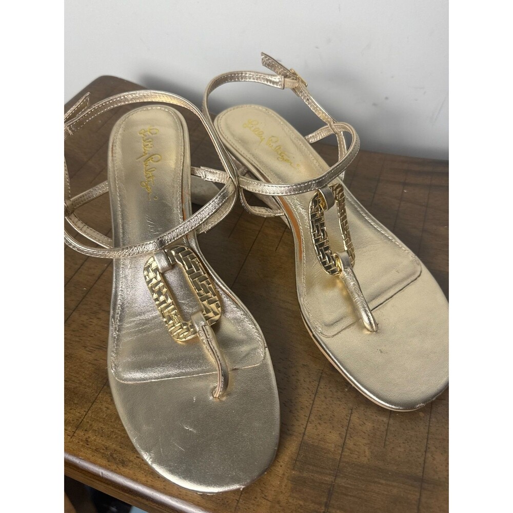 Lilly Pulitzer Gold Metallic Leather T Strap Wedge Sandals Women’s 8 Resort - Picture 12 of 13